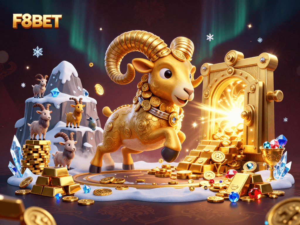 Experience the thrill of F8BET with a 3D gold ram charging through a treasure-laden casino.