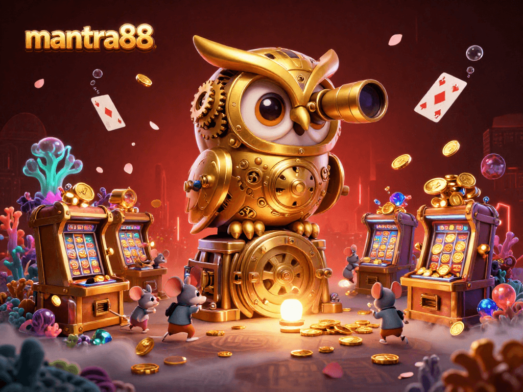 Experience winning thrills at mantra88's vibrant casino scene with golden treasures and lively characters.