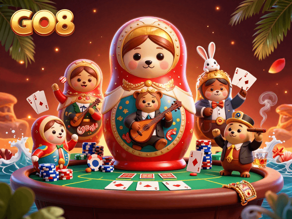 Experience thrilling gaming with GO8's vibrant 3D casino scene featuring interactive elements and engaging characters.