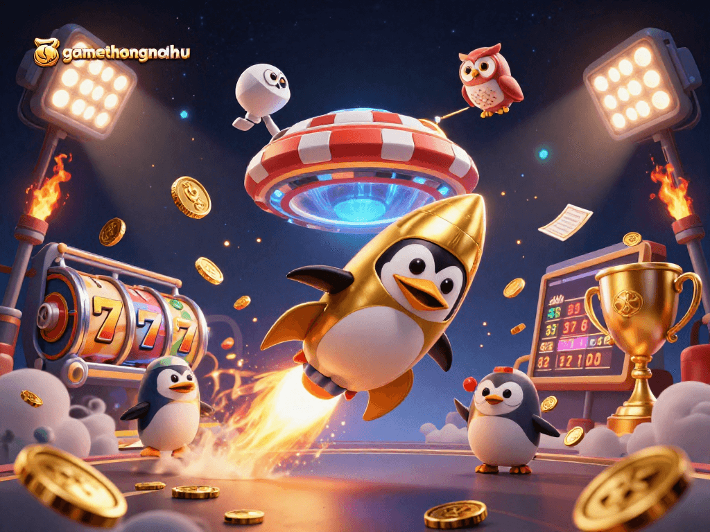 Experience gamethuongnohu's dynamic gameplay with golden penguins and thrilling slots in this bold Vegas-themed illustration.
