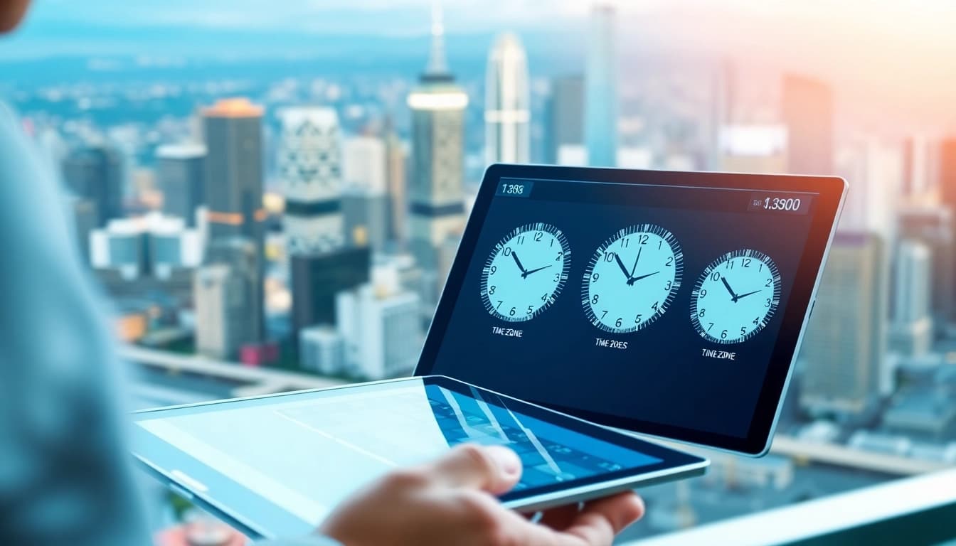Effortlessly manage AI scheduling with time zones through a digital interface featuring synchronized clocks.
