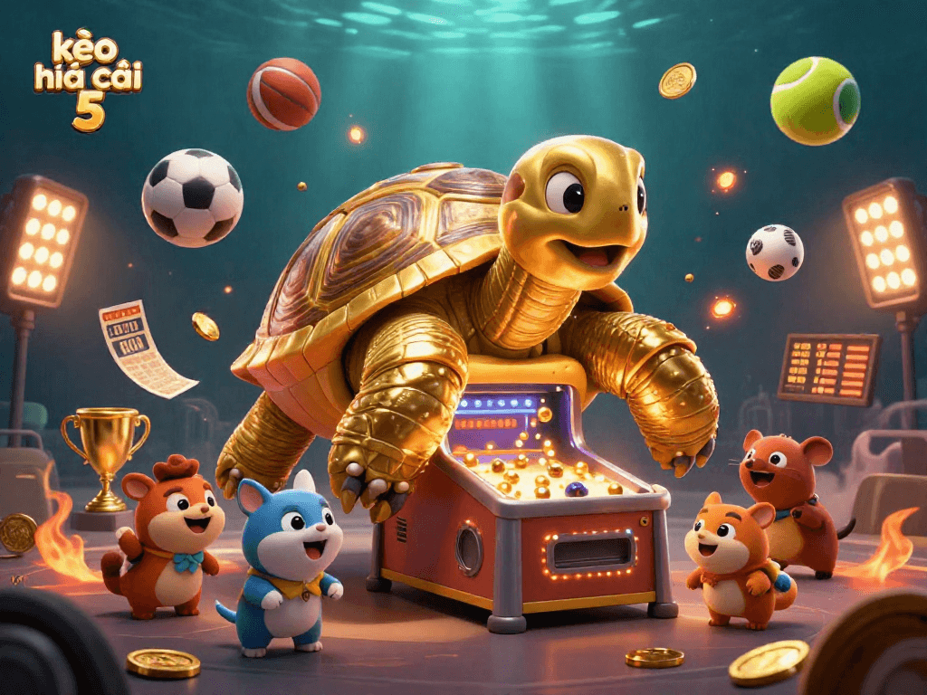 Engage with kèo nhà cái 5 featuring a dynamic golden tortoise pinball machine surrounded by sports balls.