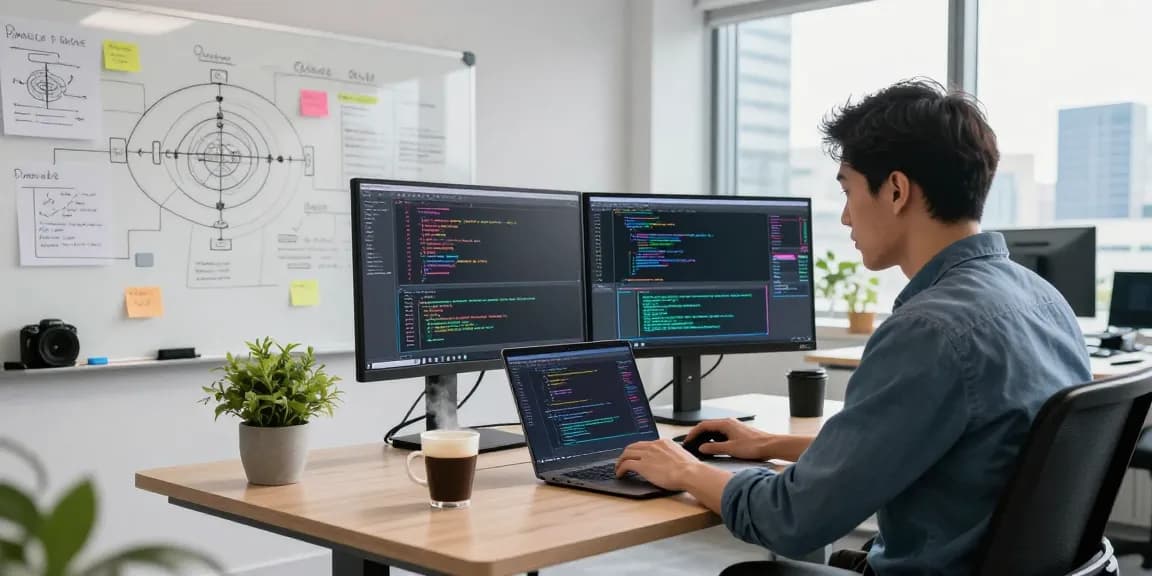 siren.clickn.co.kr/의 혁신적 소프트웨어 개발 환경, 현대적인 사무실에서 코드 작성 중인 개발자 모습