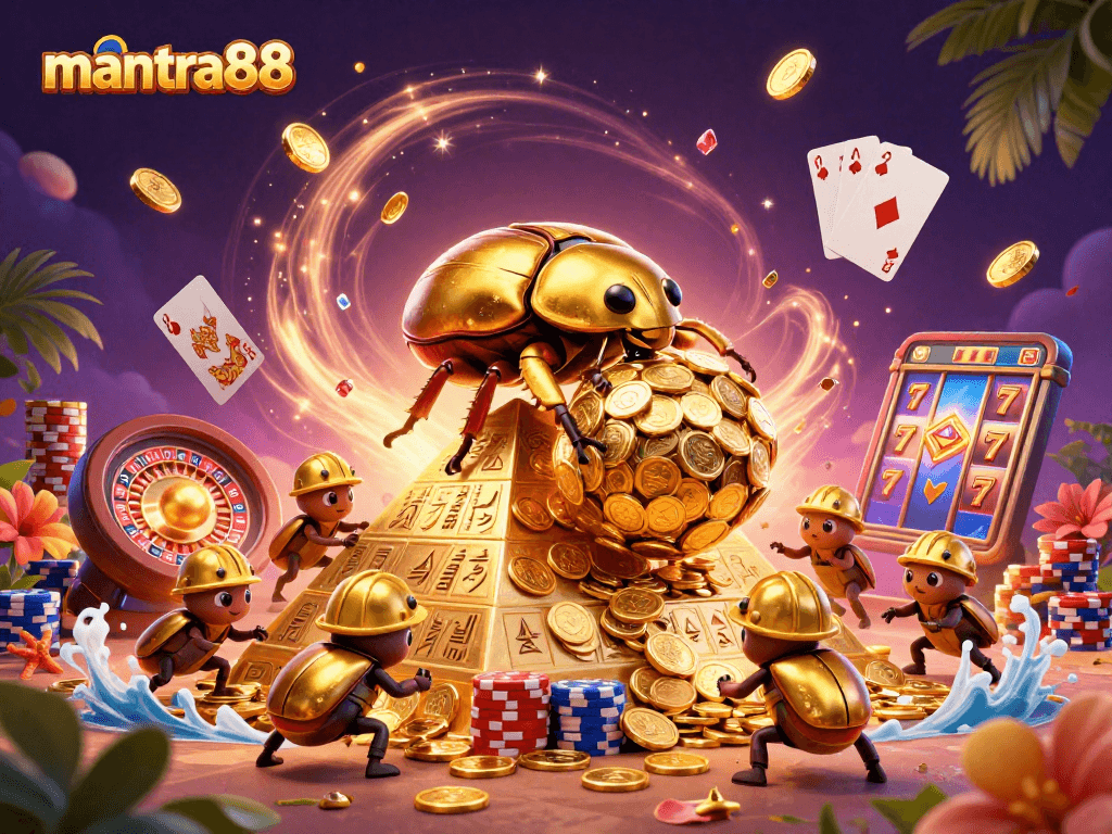Experience thrilling wins at mantra88 with a golden beetle rolling coins in an enchanting casino.