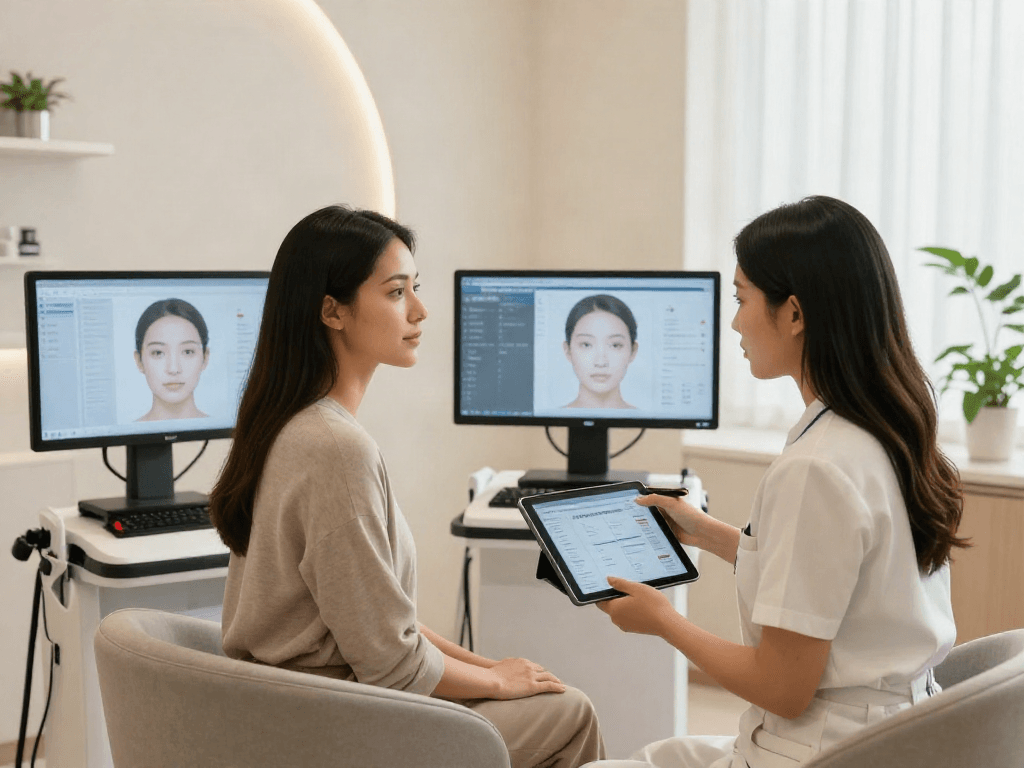 Consultation scene demonstrating ClinicEvo vs QOVES facial analysis process with expert guidance and technology.
