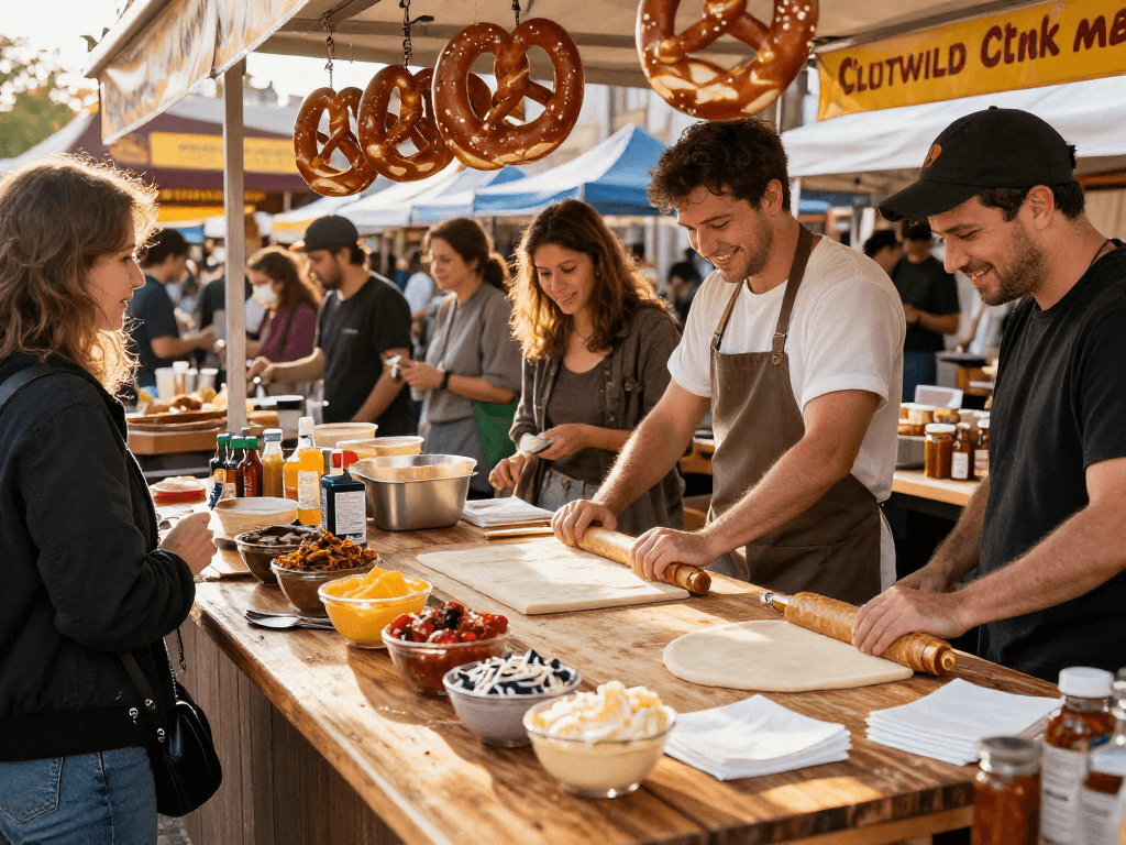 Enjoying the best pretzel with cheese dip near me at a vibrant food market.