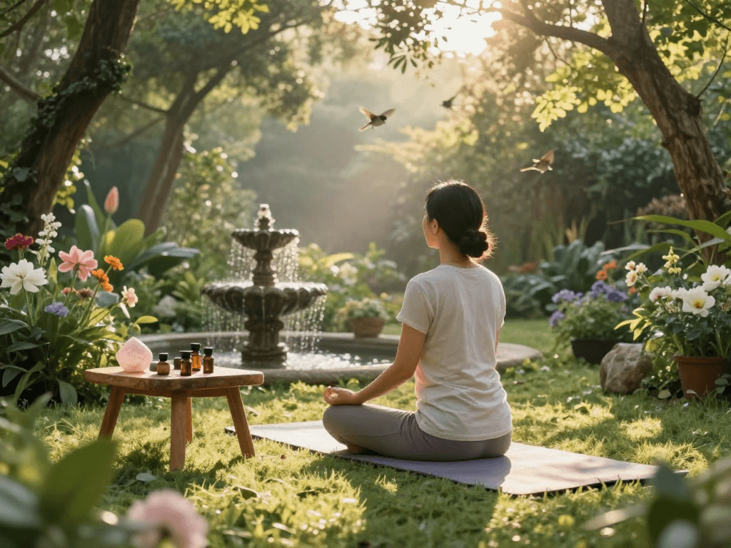 Experience mantra88 in a tranquil meditation setting with essential oils and nature's beauty