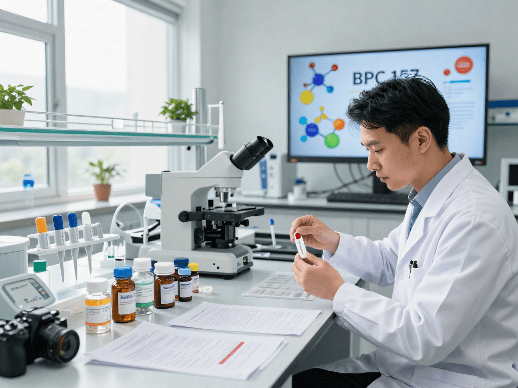 BPC 157 Benefits showcased in a modern lab with researchers creating advanced buccal strips.
