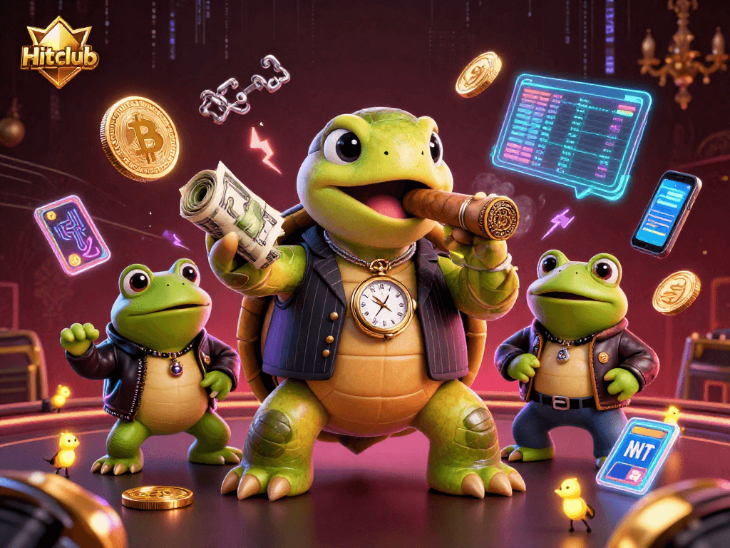 Experience Hitclub's thrilling action with a dynamic 3D scene featuring a mobster turtle and bullfrog enforcers.