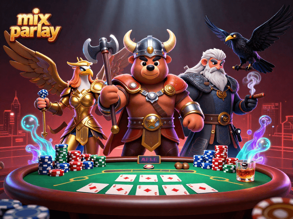 Bet on mix parlay with a Viking bear, Valkyrie eagle, and poker elements in a vibrant casino scene.