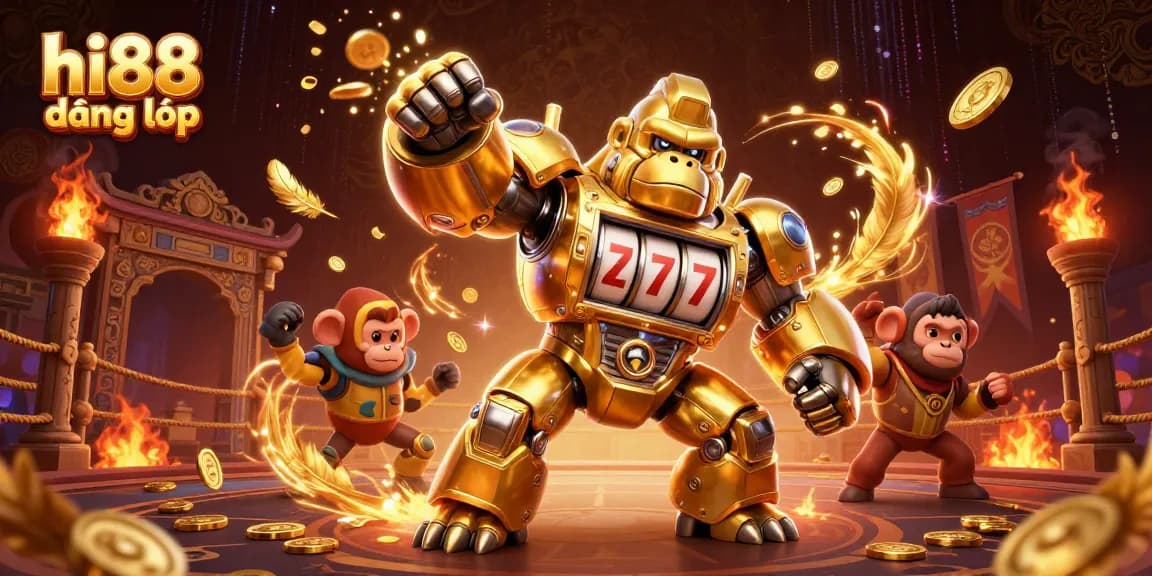 Experience excitement with hi88 đăng nhập in a dynamic casino-themed 3D illustration featuring a golden gorilla mech.