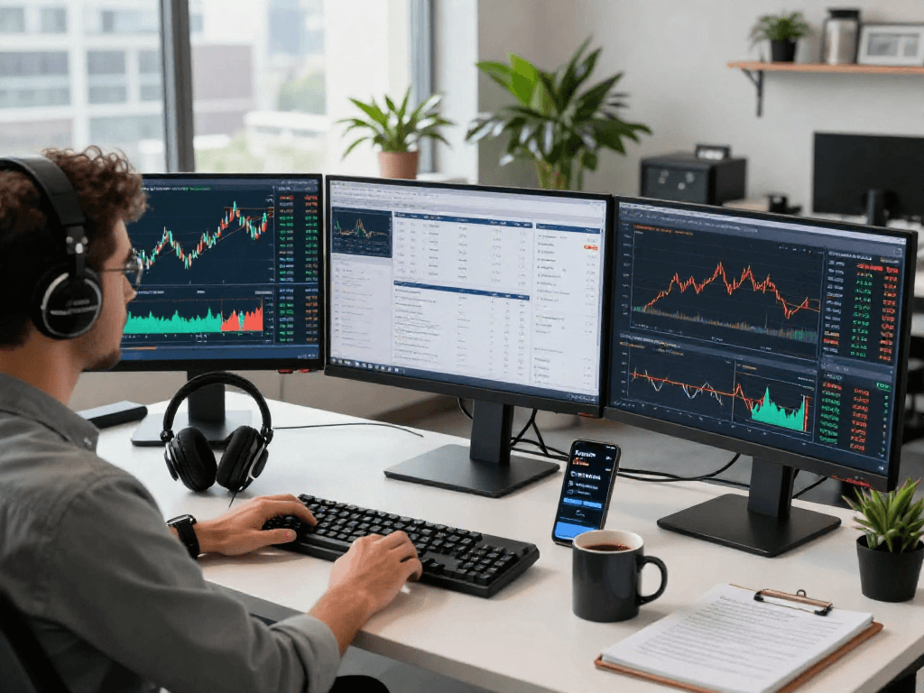 Engaged trader analyzing TradingView charts on multiple monitors in a modern office, showcasing high-tech trading environment.