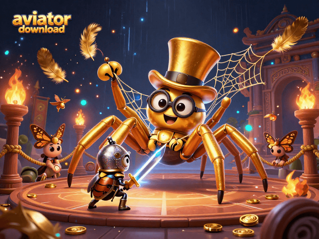 Aviator download in a thrilling casino scene with a golden tarantula and beetle knight engaged in epic action.