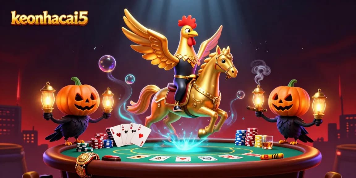 Engage with keonhacai5's vibrant casino action featuring golden rooster characters in a spectacular setting.
