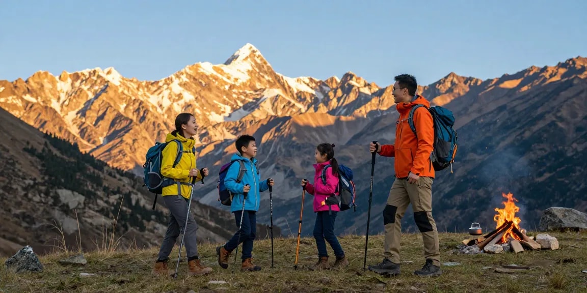 A family adventure channel, mantra88, showcasing a joyful family hiking in beautiful mountains at golden hour, equipped for exploration.