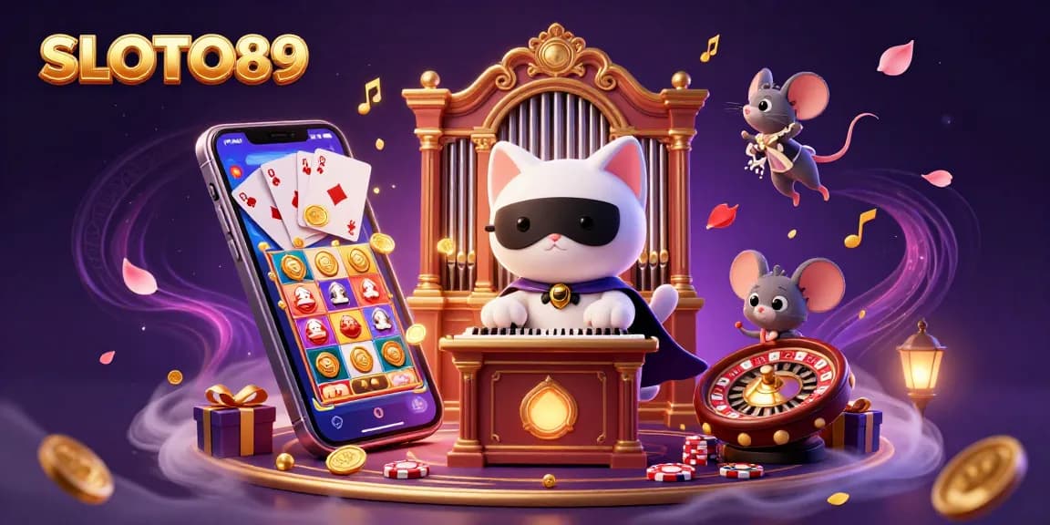 SLOTO89 engages players with a vibrant casino scene featuring a playful white cat and golden coins flowing in action.