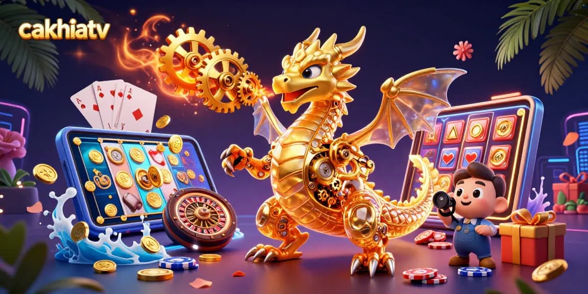 Experience the thrill of cakhiatv as a biomechanical dragon breathes winning gears in a vibrant casino scene.
