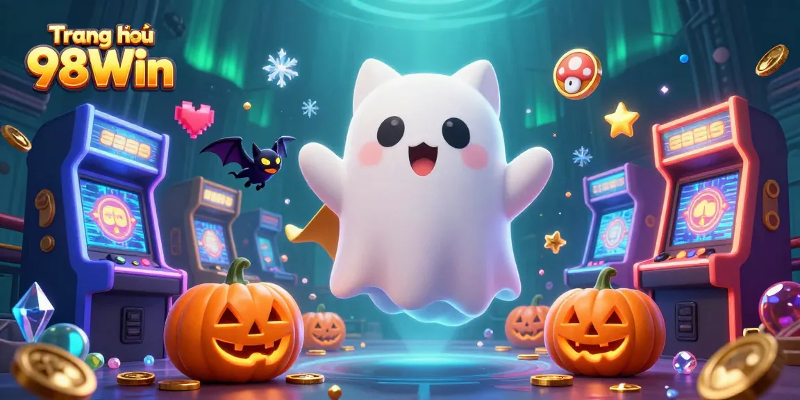 Engage with the thrilling atmosphere of Trang chủ 98Win, featuring a ghost cat in a bustling casino scene.