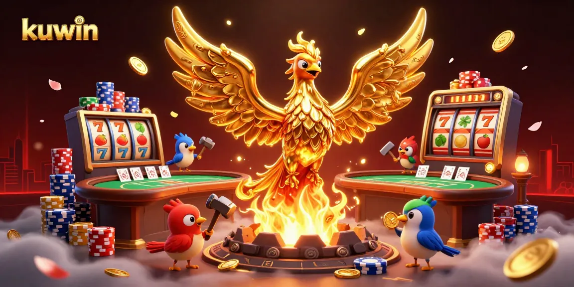 Kuwin players engaging in high-stakes poker with golden phoenix amidst vibrant gambling elements.