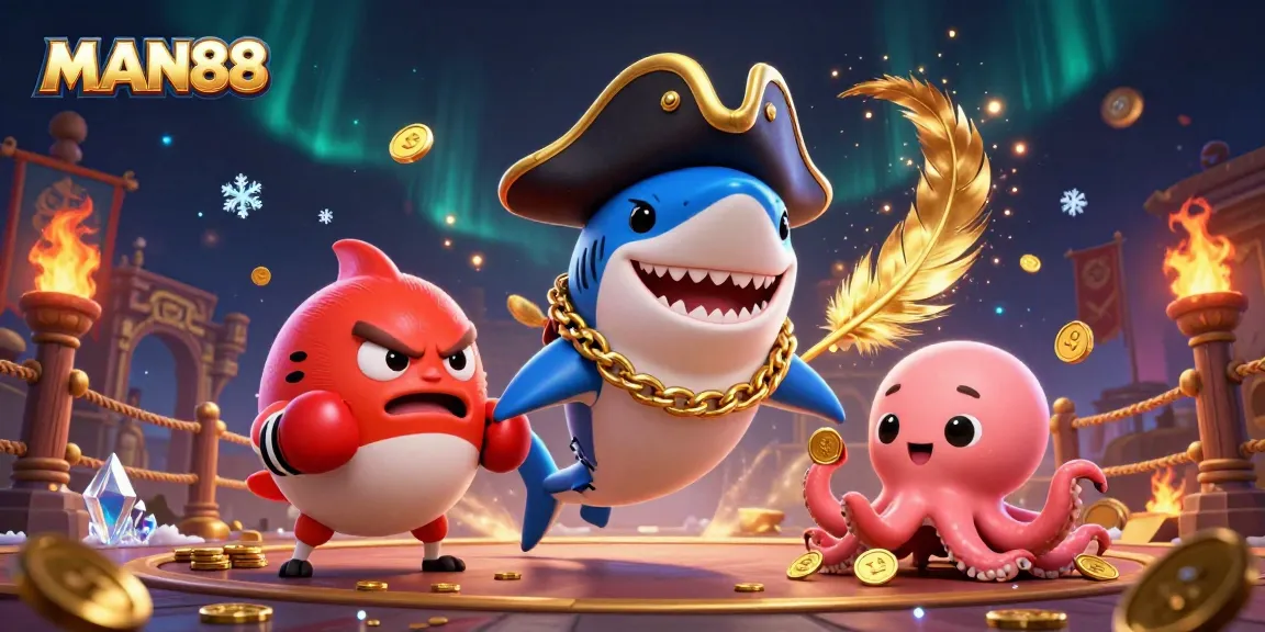 Engaging gaming scene with MAN88 characters featuring a shark and octopus amidst betting action and vibrant colors.