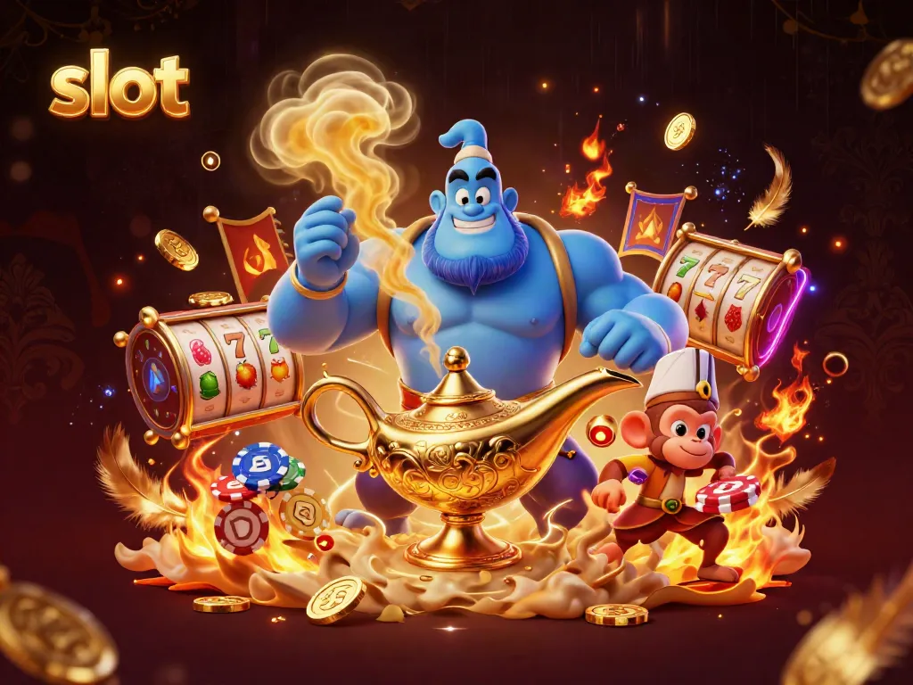 Menggulung slot dengan para karakter genie, monyet, dan karpet terbang dalam ilustrasi kasino yang penuh warna.