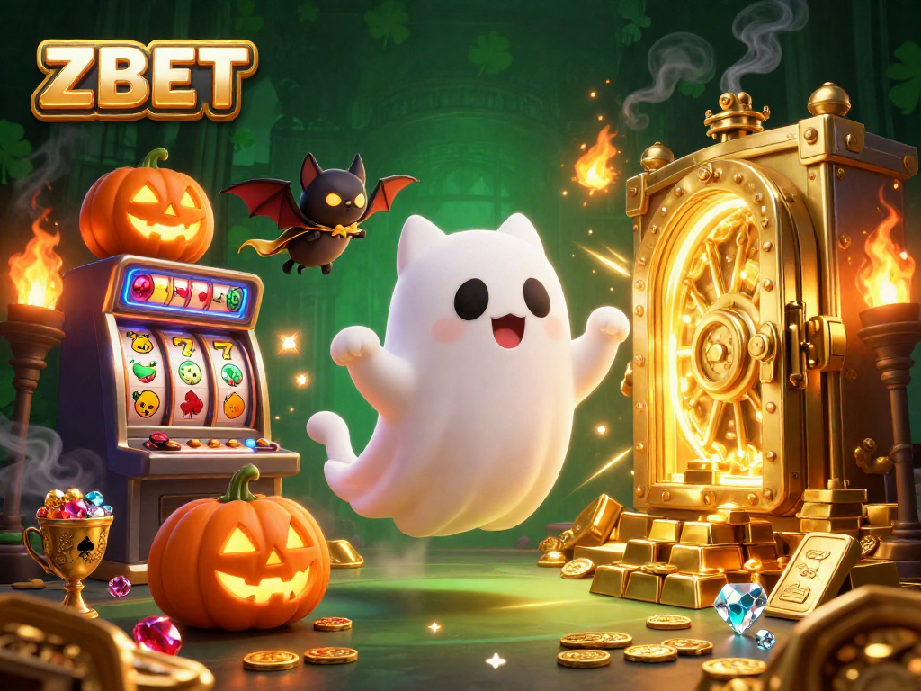 ZBET: A playful ghost cat and vampire bat enchant a haunted casino filled with treasures.