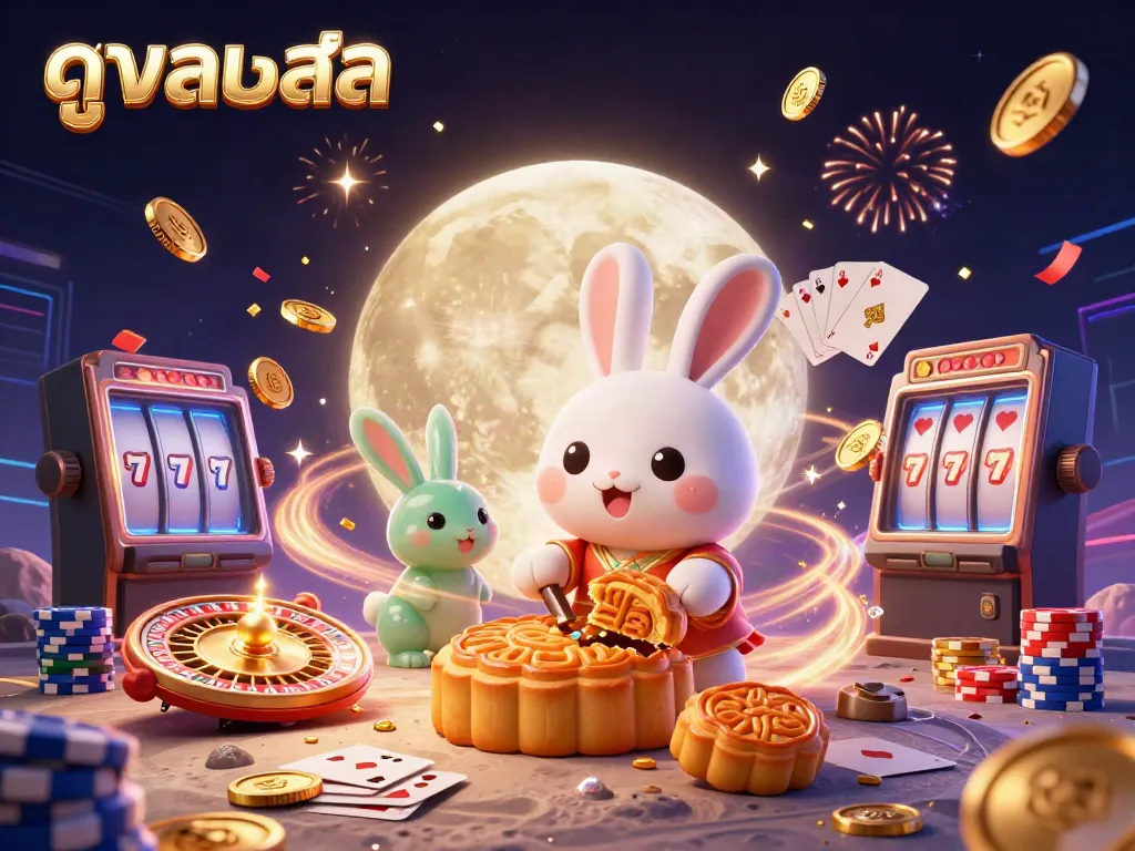 Experience the thrill of ดูบอลสด with our engaging visual of a moon rabbit and golden coins.