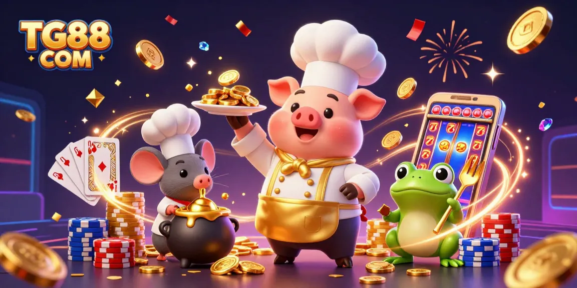 Win big at TG88 COM with this vibrant, dynamic casino illustration featuring a pig chef and gold coins!
