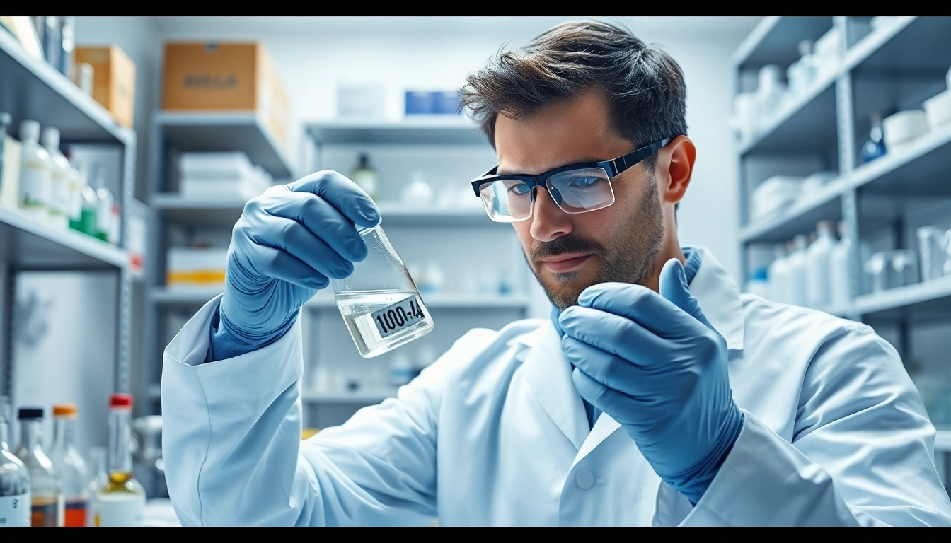 Researching dimethylsulfoxide, a scientist measures a clear liquid in a laboratory.