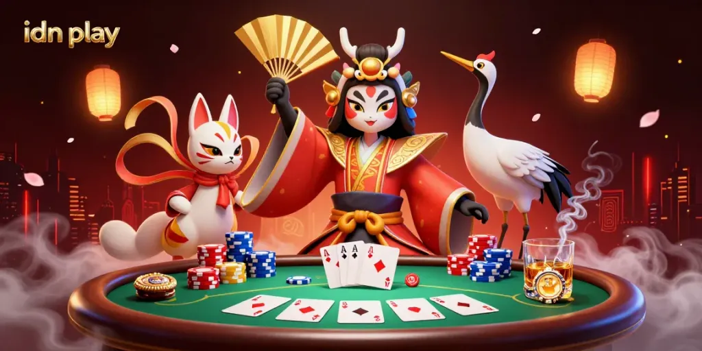 Experience thrilling gaming action with idn play featuring a kabuki warrior and poker elements.