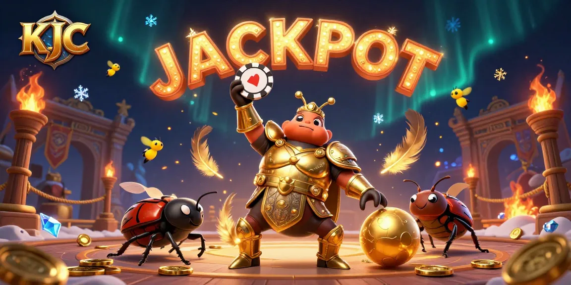 KJC offers thrilling gaming adventures with a victorious beetle lifting a poker chip amidst dazzling visuals.