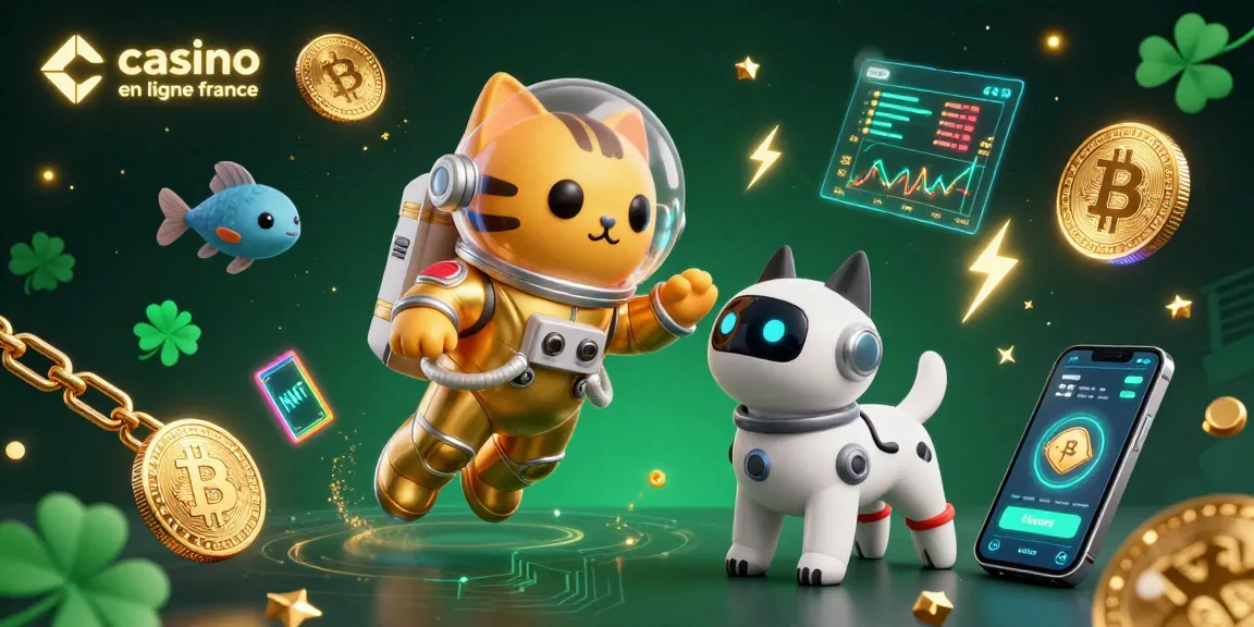 Illustration captivante du casino en ligne France avec un chat astronaute et un chien robot. Jouez maintenant !