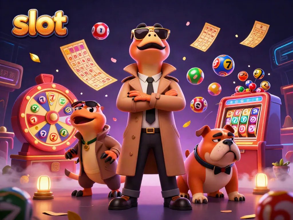 Three cartoon raptors in a trench coat entering a casino, surrounded by spinning slots and lottery balls.