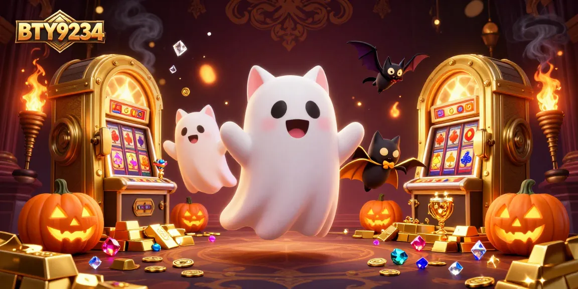 BTY9234 invites fun with a ghost cat and treasure in a vibrant haunted casino scene.