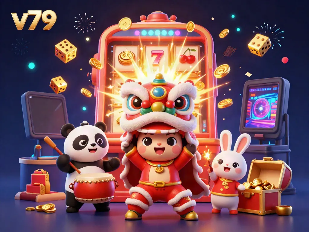 Join the vibrant celebration at v79 with a colorful lion dance scene bursting with casino excitement.