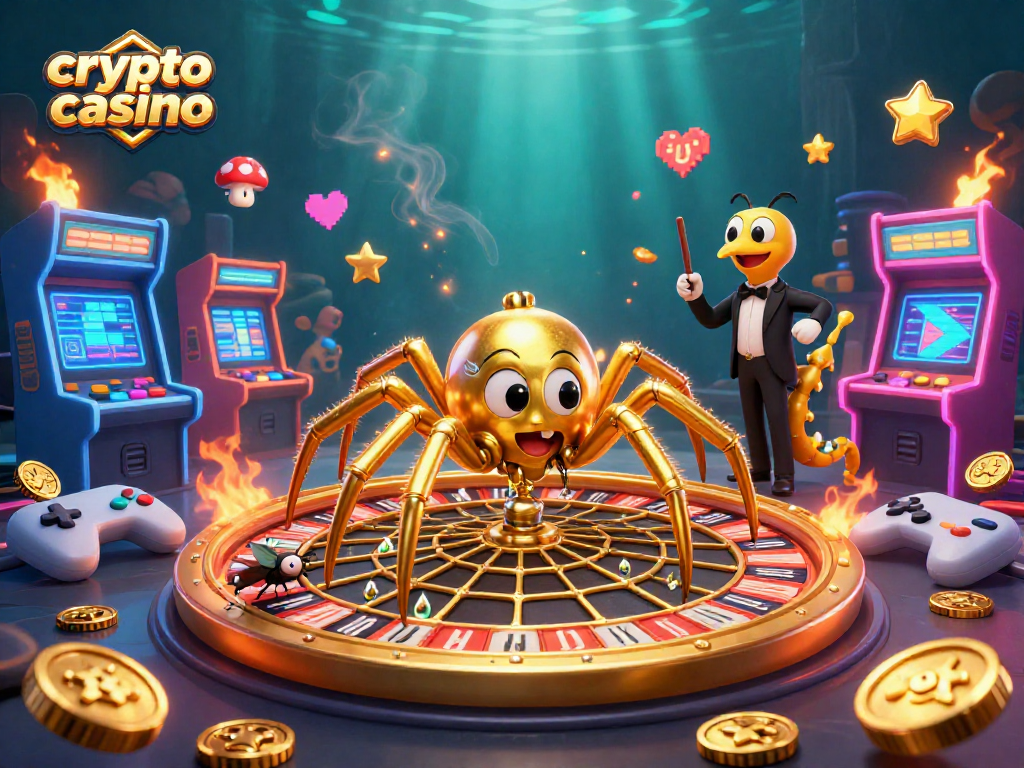 Jouez sur un crypto casino fascinant avec des éléments interactifs tels qu'une araignée dorée et une ambiance immersive.