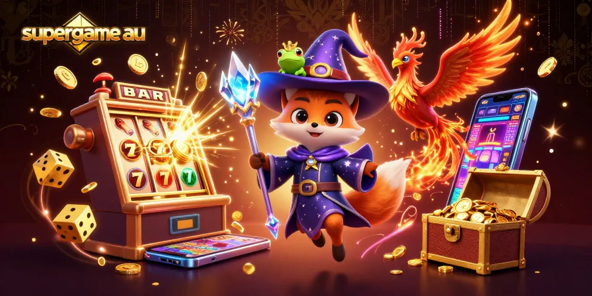 Engage with exciting gaming adventures on supergame au, featuring a magical wizard fox in a vibrant online casino scene.