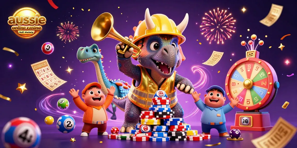 Aussie online casino real money scene celebrating wins with a triceratops, poker chips, and lottery elements.