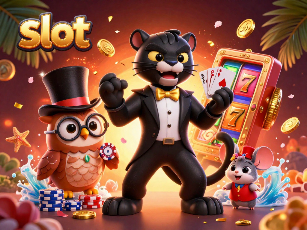 Memainkan slot dengan karakter beruang hitam dan burung hantu dalam suasana kasino yang meriah.