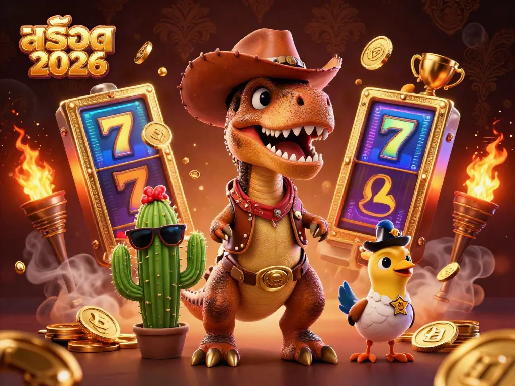 Experience exciting gameplay with สล็อต 2026 featuring a cowboy T-Rex and vibrant slot elements.
