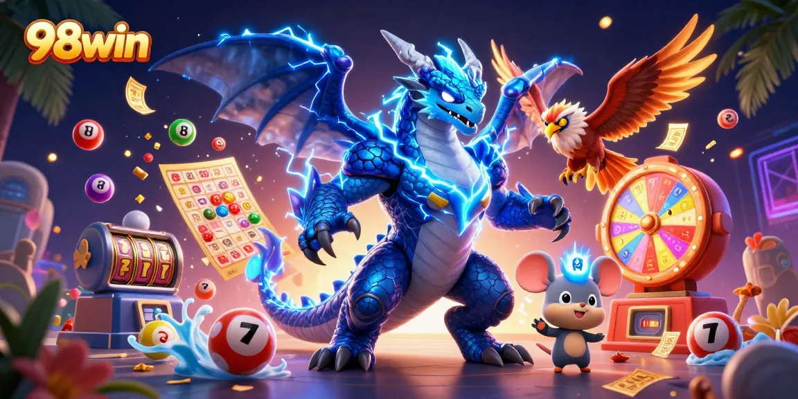 Immerse in 98win's thrilling gaming world with fantasy creatures and dynamic lottery elements.