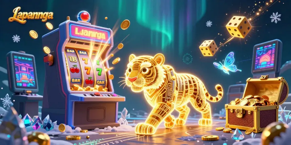 Experience exciting wins at Lapannaga's vibrant digital casino with a neon tiger and jackpot scene.