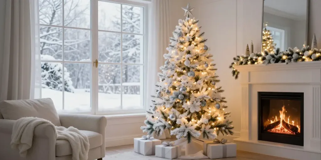 Beautifully decorated white artificial Christmas tree in a cozy living room during the holiday season.