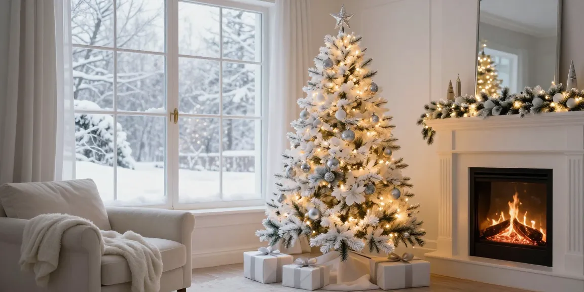 Beautifully decorated white artificial Christmas tree in a cozy living room during the holiday season.