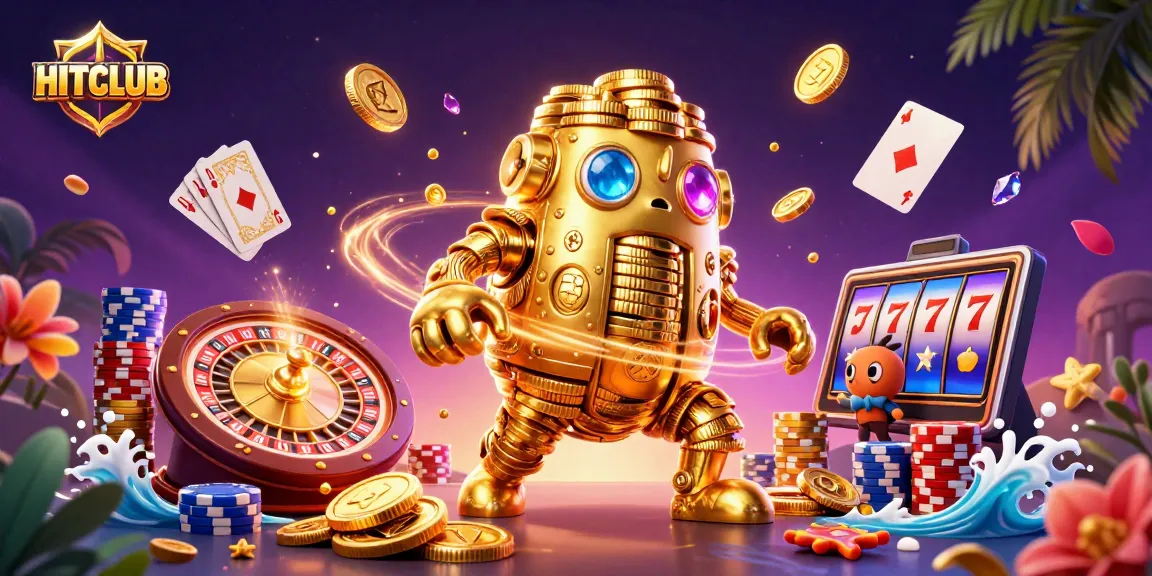 Engage with HITCLUB's vibrant casino world featuring golden golems and dynamic game elements.