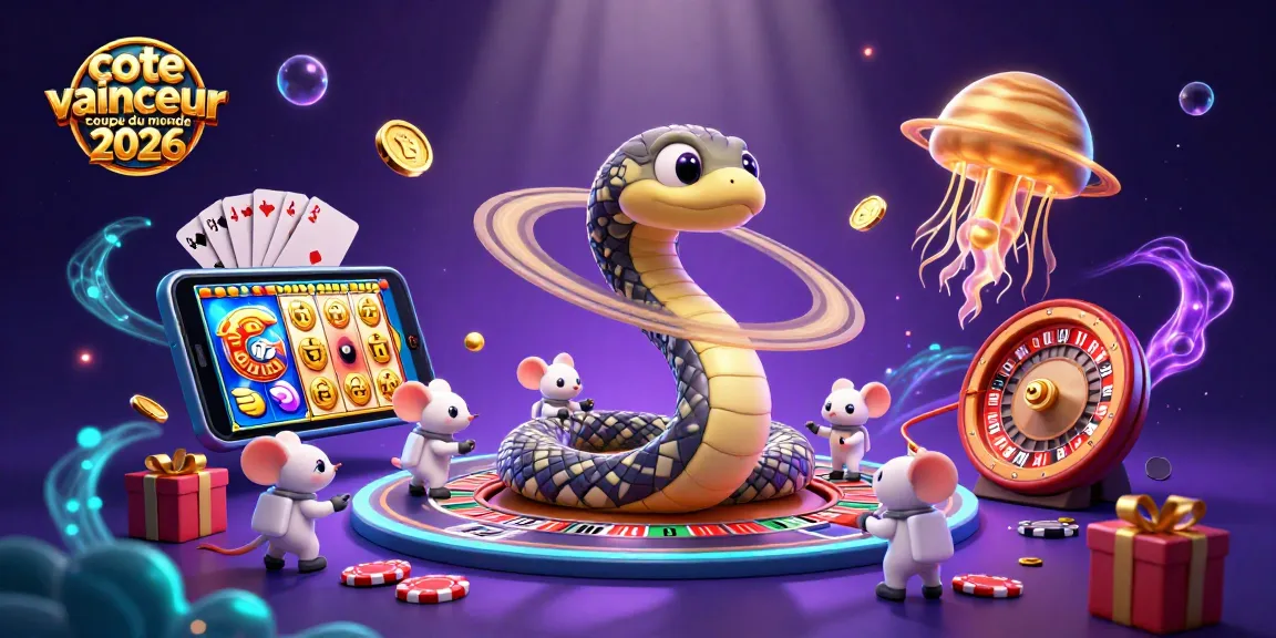 Pariez sur la cote vainqueur coupe du monde 2026 avec cette illustration dynamique, mettant en scène un serpent de Saturne jouant à la roulette.