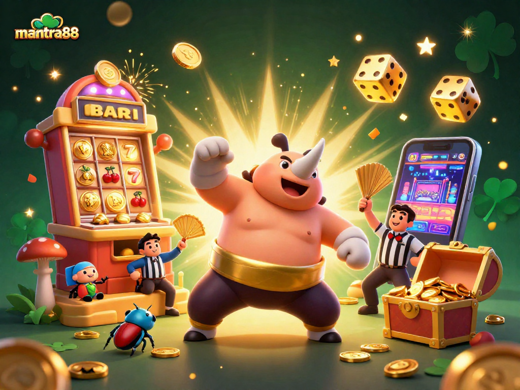 Experience the excitement of mantra88 with a vibrant jackpot scene featuring a beetle champion.