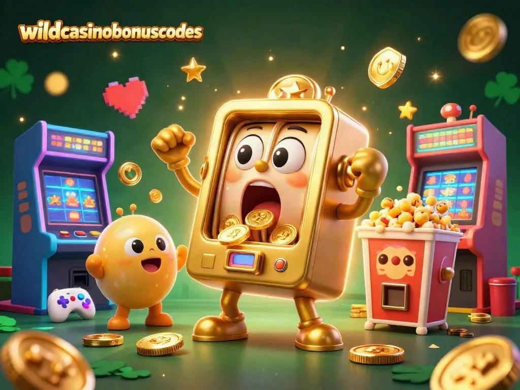 Engage with wildcasinobonuscodes as joyful slot machines hit jackpots amidst vibrant arcade elements