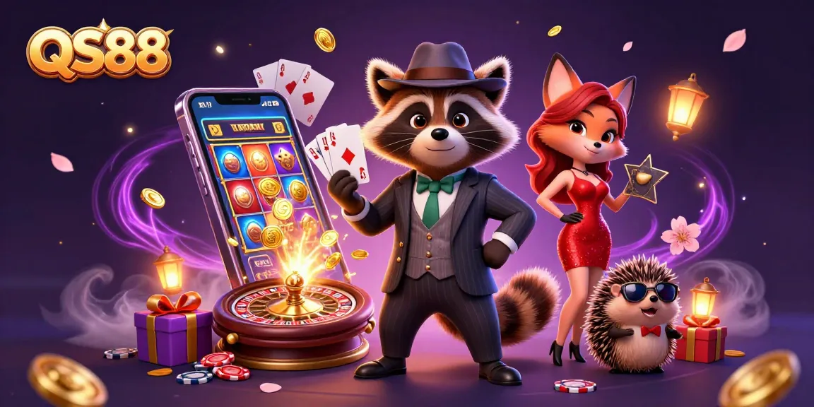 Experience thrilling gaming at QS88 with a suave raccoon, charming fox, and hedgehog, all amidst vibrant casino action.