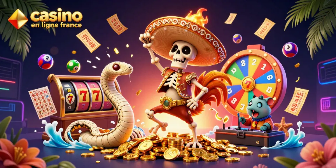Gagnez avec le casino en ligne France grâce à une illustration dynamique de personnages de jeu et d'éléments colorés.